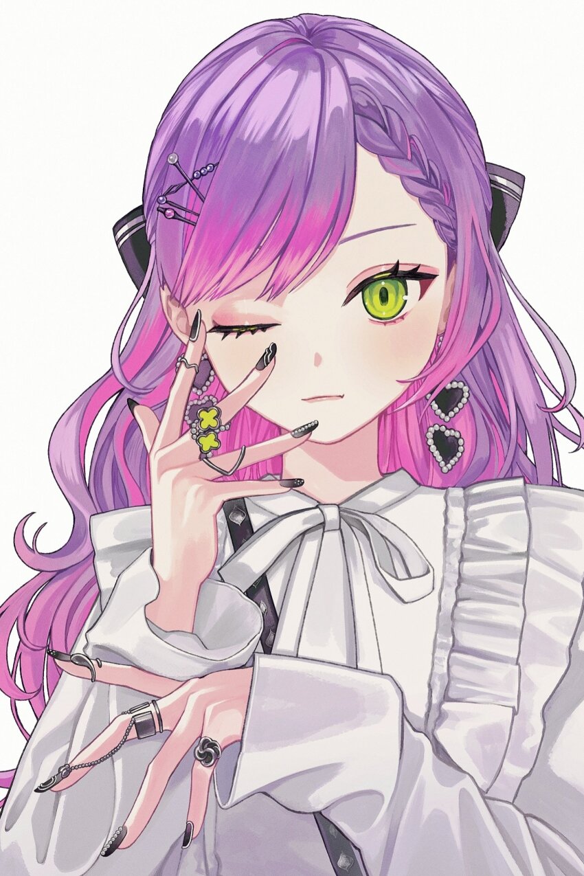 1girl, asymmetrical_bangs, black_nails, braid, braided_bangs, earrings, eyeliner, eyeshadow