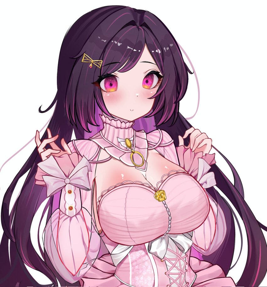 1girl, black_hair, breasts, cleavage, closed_mouth, cross-laced_clothes, cross-laced_dress, djirin