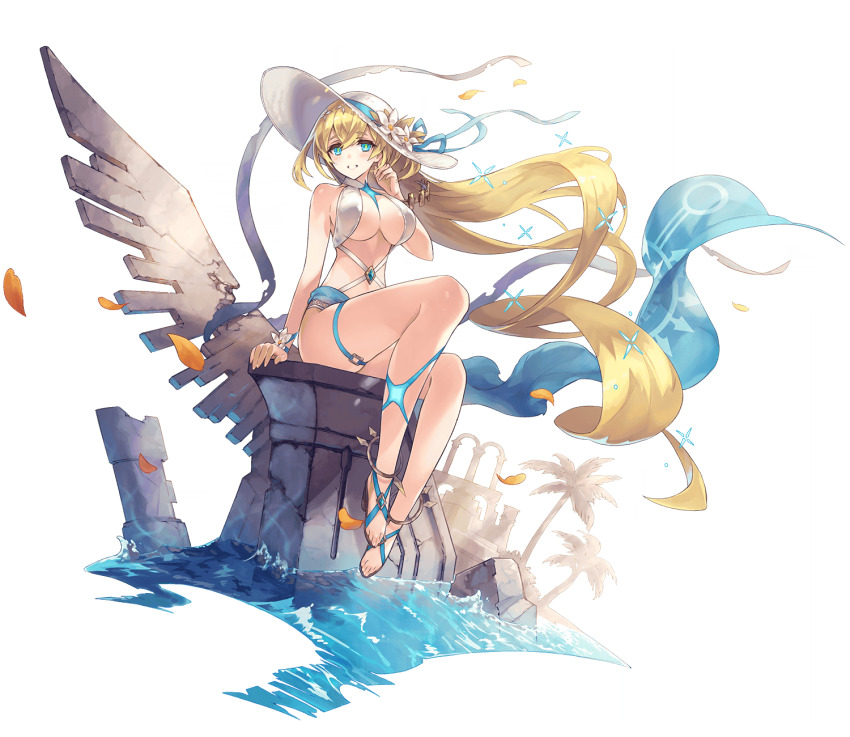 1girl, absurdly_long_hair, aqua_ribbon, arm_support, bikini, breasts, day, floating_hair