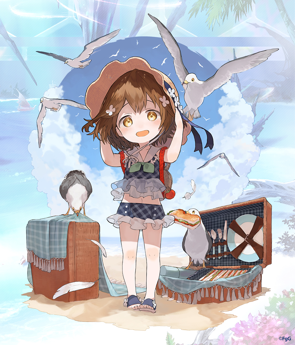 1girl, aged_down, arms_up, beach, bird, blue_sky, brown_eyes, brown_hair
