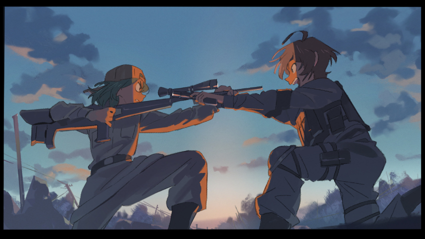 2girls, aiming, ammunition_pouch, clarence_(sao), end_card, green_hair, gun, handgun