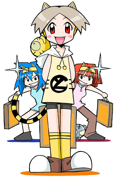 3girls, amu_ru, animal_ear_fluff, animal_ear_headband, animal_ears, animal_hood, animal_print, aqua_collar