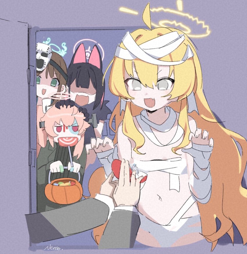 1boy, 4girls, airi_(blue_archive), airi_(halloween)_(blue_archive), animal_ears, bandages, black_gloves, black_hair