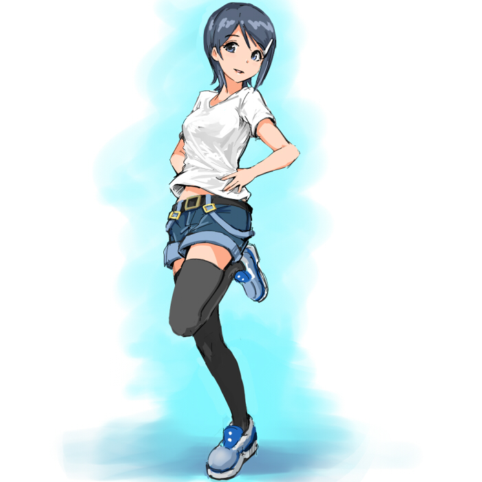 00s, 1girl, black_thighhighs, blue_eyes, blue_hair, casual, denim, denim_shorts