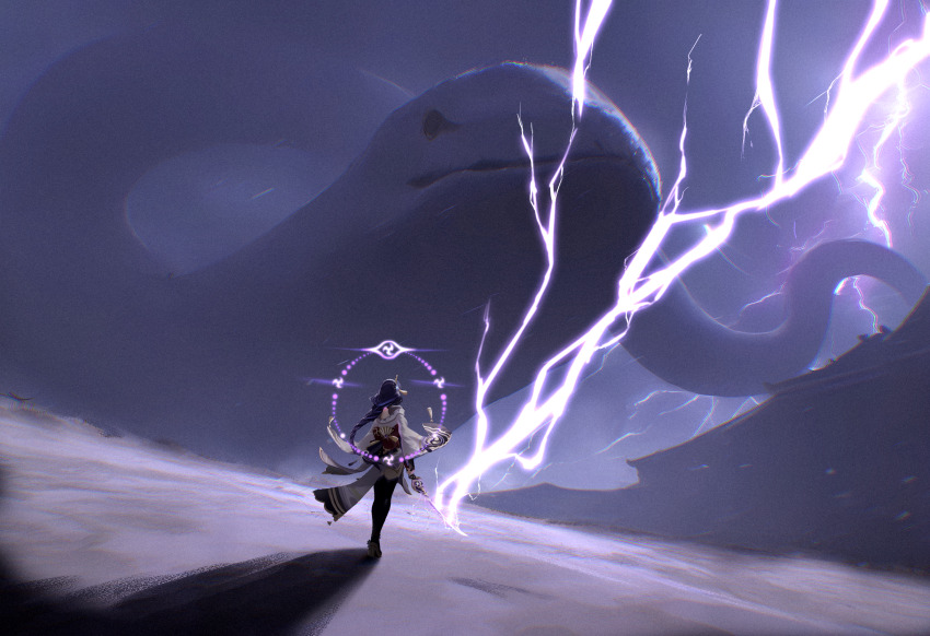 1girl, braid, commentary, genshin_impact, highres, holding, holding_sword, holding_weapon, japanese_clothes, kimono, lightning, long_hair, low-braided_long_hair, low-tied_long_hair, musou_isshin_(genshin_impact), orobashi_(genshin_impact), purple_hair, purple_kimono, raiden_shogun, sword, very_long_hair, weapon, wide_shot, yumeto_(ym-1)