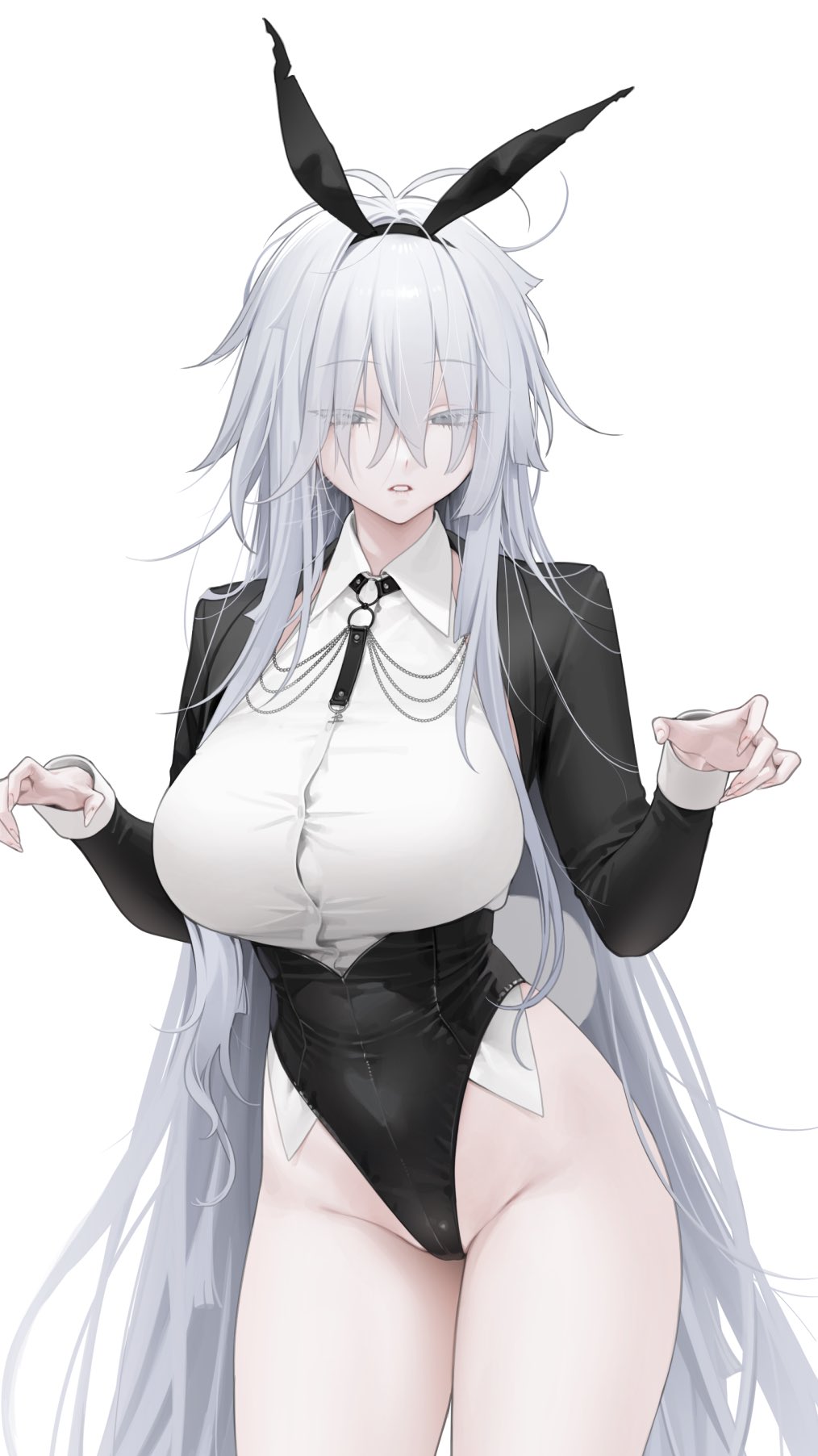 1girl, animal_ears, azur_lane, black_jacket, blind, breasts, buttons, chain, chapped_lips, cleft_of_venus, collared_shirt, commentary, cropped_jacket, fancy_(azur_lane), hair_between_eyes, headband, highres, jacket, large_breasts, long_eyelashes, long_hair, long_sleeves, messy_hair, o-ring, ohisashiburi, open_clothes, open_jacket, open_mouth, playboy_bunny, rabbit_ears, rabbit_tail, shirt, signature, untranslatable_commentary, tail, torn_clothes, torn_headband, very_long_hair, white_background, white_hair