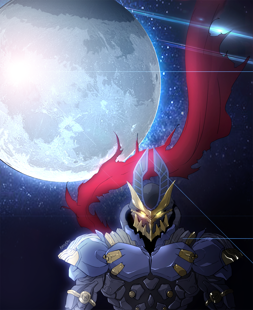 1boy, alien, armor, artist_name, baltan_battler_barel, baltan_seijin, blue_armor, cape