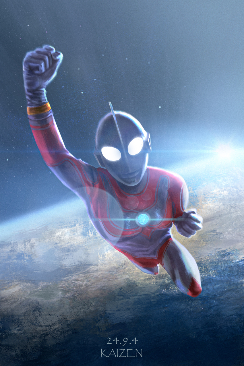 1boy, absurdres, alien, arm_up, artist_name, chinese_commentary, clenched_hand, clenched_hands, color_timer, colored_skin, commentary_request, dated, flying, glowing, glowing_eyes, hand_up, highres, kaette_kita_ultraman, kaizen_(mark1951), looking_at_viewer, male_focus, multicolored_skin, no_pupils, planet, red_skin, silver_skin, solo, space, star_(sky), tokusatsu, ultra_bracelet, ultra_series, ultraman_jack, white_eyes