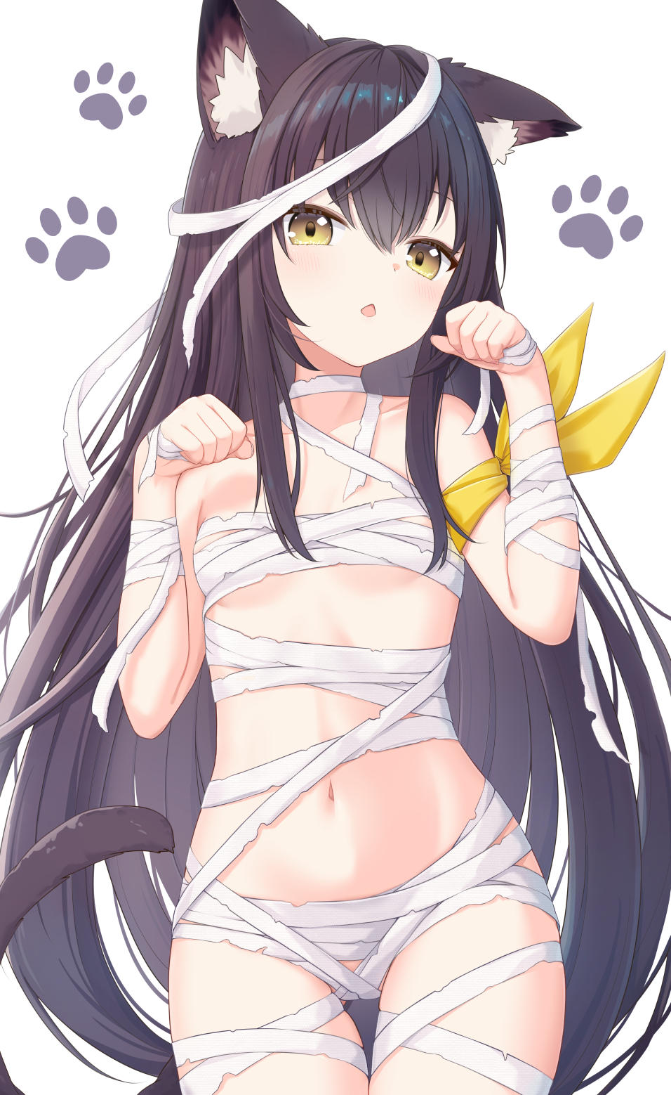 1girl, animal_ears, arm_ribbon, bandages, black_hair, breasts, budget_sarashi, cat_ears, cat_girl, cat_tail, chest_sarashi, chestnut_mouth, highres, long_hair, looking_at_viewer, naked_bandage, navel, paw_pose, paw_print, paw_print_background, rade_(rade_552), reverseblue_x_re-birthend, ribbon, sarashi, simple_background, small_breasts, stomach, tail, very_long_hair, white_background, xion_(reverseblue), yellow_eyes