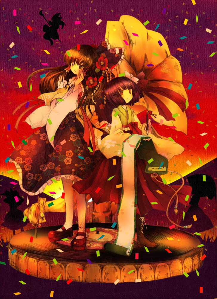 2girls, ascot, back-to-back, bow, brown_hair, calligraphy_brush, camellia, detached_sleeves