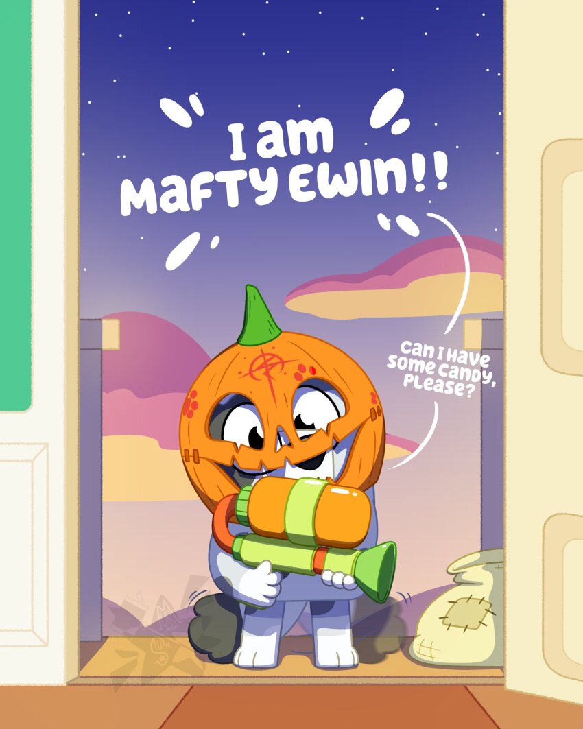 absurdres, bag, bluey, captainabruzze, cloud, cloudy_sky, cosplay, doorway, english_text, gundam, gundam:_hathaway's_flash, halloween, halloween_costume, highres, holding, holding_water_gun, looking_at_viewer, mafti_nabiyu_erin, mafti_nabiyu_erin_(cosplay), muffin_heeler, pumpkin_on_head, sky, star_(sky), starry_sky, sunset, water_gun, watermark