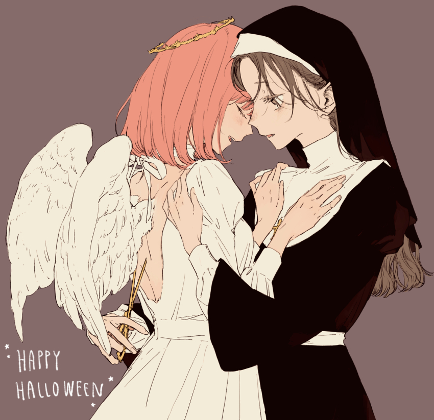 angel, back, brown_hair, habit, halloween, highres, holding, holding_scissors