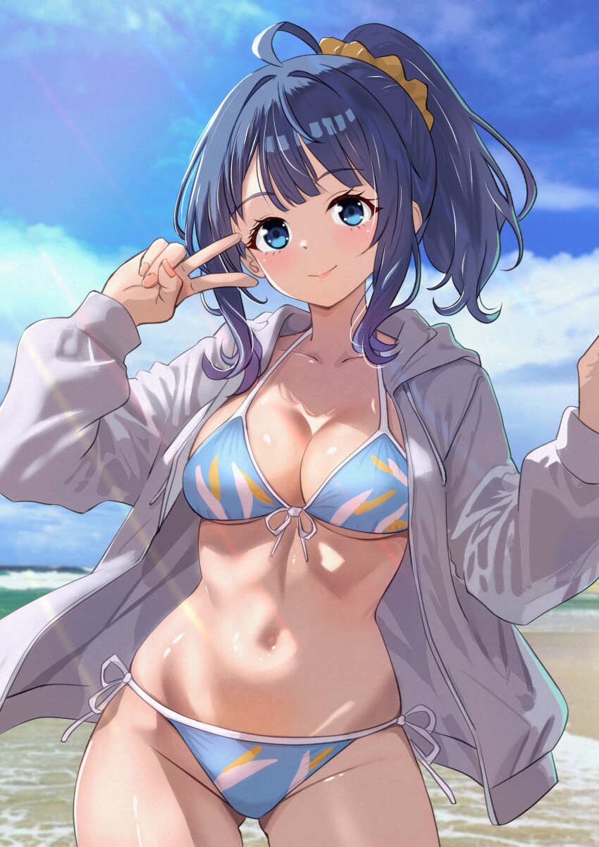 1girl, ahoge, beach, bikini, blue_eyes, blue_hair, blue_sky, breasts