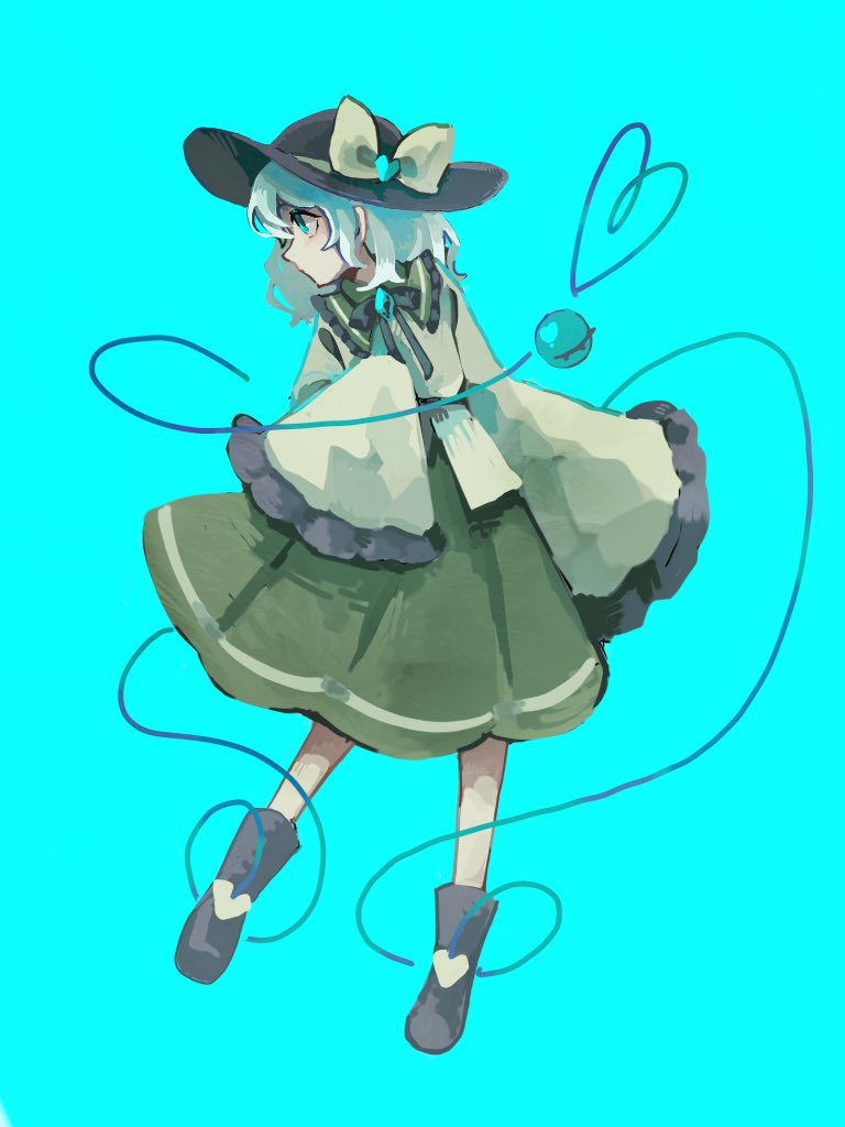 1girl, blue_background, boots, bow, brooch, commentary, frilled_sleeves, frills