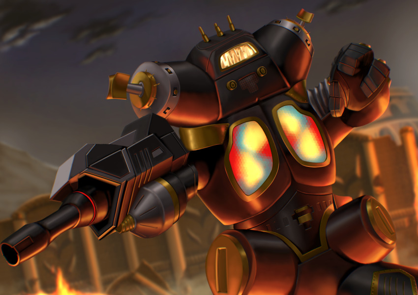 1other, absurdres, aiming, arm_cannon, armor, black_armor, burning, cloud, colosseum, commentary, dark_cloud, destruction, dutch_angle, extra_eyes, facing_ahead, fewer_digits, fire, glowing, glowing_eyes, gold_trim, hands_up, highres, kaiju, king_joe, king_joe_black, mecha, mecha_focus, mefi_ra_es, multicolored_eyes, night, no_humans, outdoors, radio_antenna, robot, ruins, sky, solo, standing, tokusatsu, twilight, ultra_galaxy_(series), ultra_galaxy_mega_dai-kaijuu_battle, ultra_series, upper_body, weapon