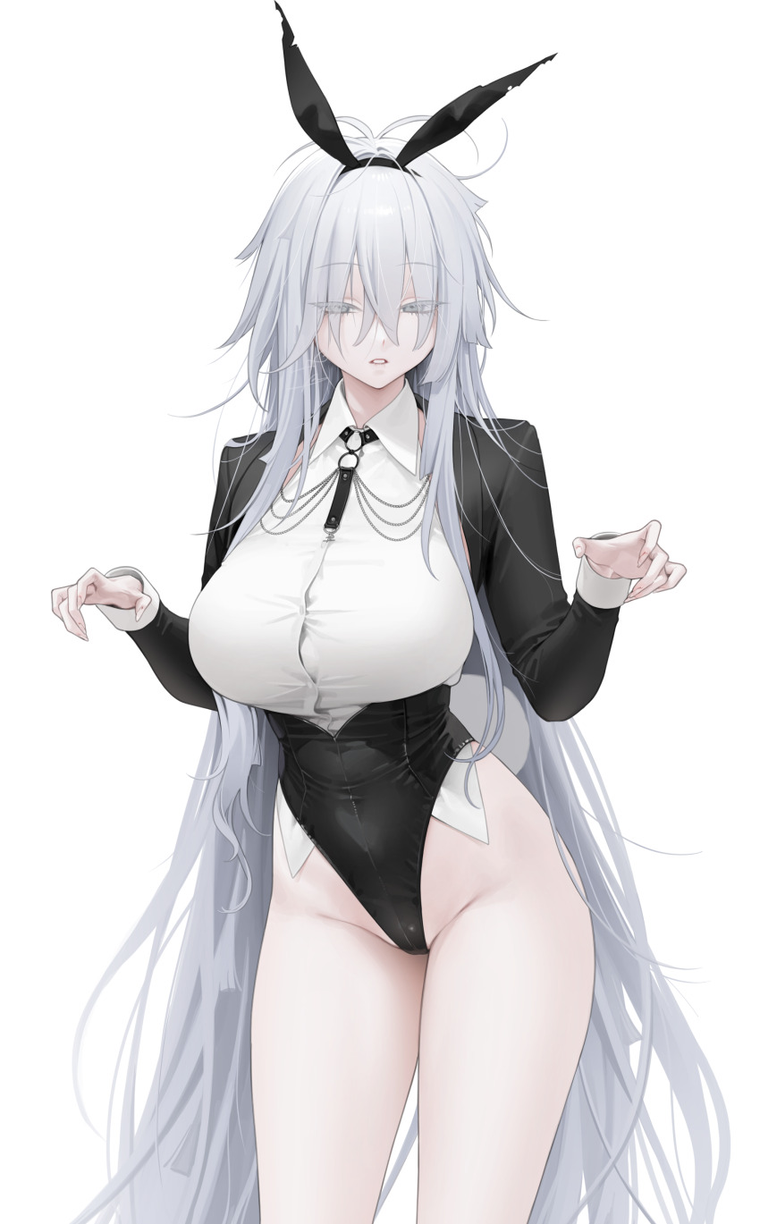 1girl, absurdres, animal_ears, azur_lane, black_jacket, blind, breasts, buttons, chain, chapped_lips, cleft_of_venus, collared_shirt, commentary, cropped_jacket, fancy_(azur_lane), hair_between_eyes, headband, highres, jacket, large_breasts, long_eyelashes, long_hair, long_sleeves, messy_hair, o-ring, ohisashiburi, open_clothes, open_jacket, open_mouth, playboy_bunny, rabbit_ears, rabbit_tail, shirt, signature, tail, torn_clothes, torn_headband, very_long_hair, white_background, white_hair