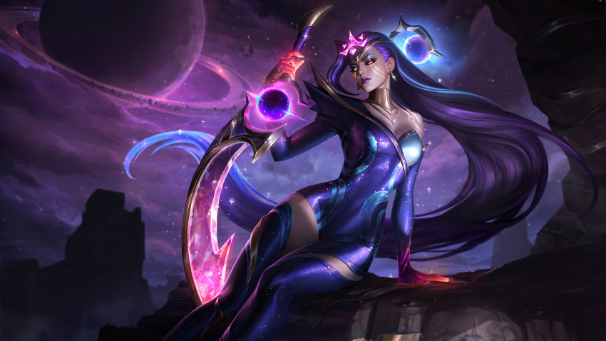 1girl, absurdres, artist_request, dark_star_(league_of_legends), diana_(league_of_legends), highres, league_of_legends, long_hair, purple_hair, purple_sky, saturn_(planet), single_off_shoulder, sitting, sky, tagme, weapon, yellow_eyes