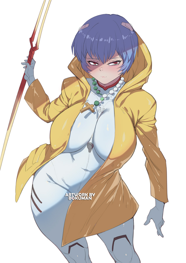 1girl, alternate_breast_size, ayanami_rei, blue_eyes, blue_hair, bodysuit, bokuman, breasts