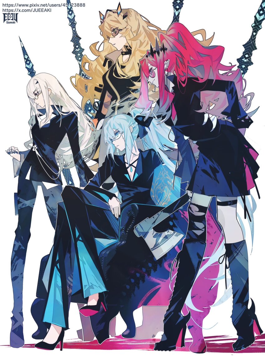 4girls, axe, baobhan_sith_(fate), barghest_(fate), bent_over, black_bow, black_jacket, black_pants