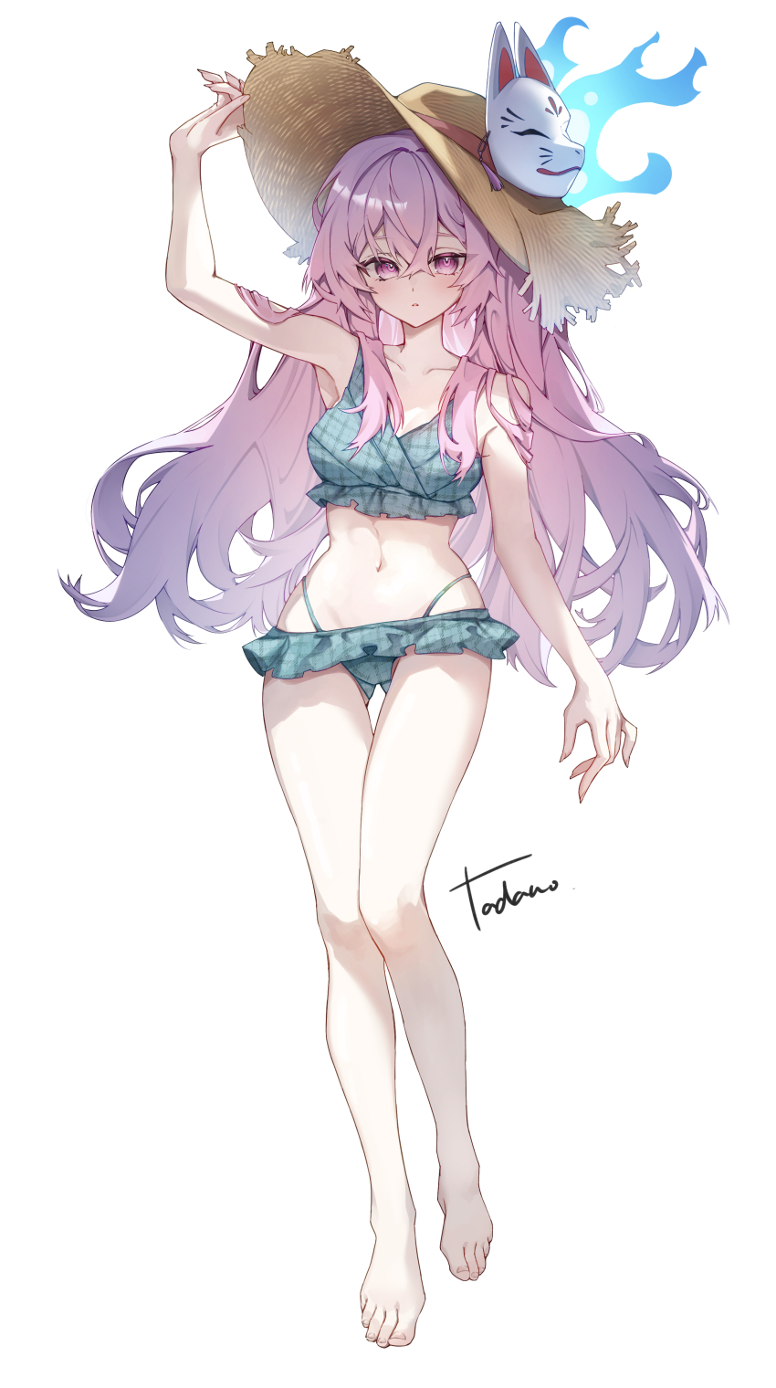 1girl, absurdres, alternate_costume, arm_up, barefoot, bikini, blue_bikini, collarbone