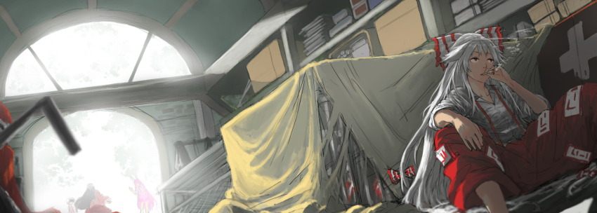 1010kman, 4girls, animal_ears, black_hair, book, bow, cigarette, day