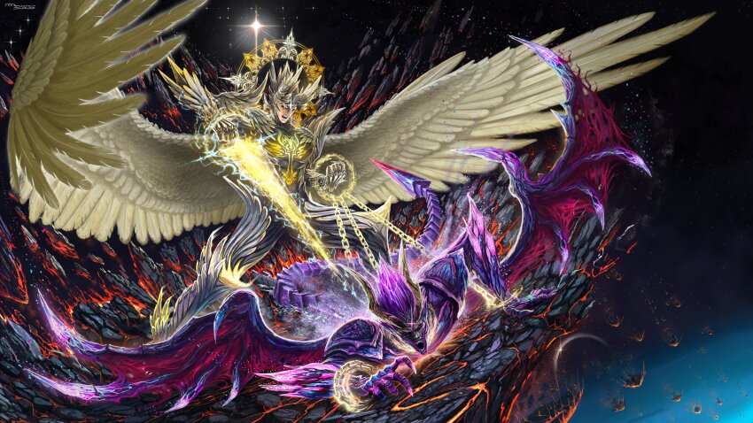 2boys, absurdres, angel, angel_jin, angel_wings, battle, chain, character_request, colored_skin, creadfectus, demon, demon_boy, demon_wings, devil_(tekken), energy_sword, facial_mark, feathered_wings, feathers, grey_horns, halo, highres, horns, kazama_jin, mishima_kazuya, multiple_boys, namco, purple_skin, red_eyes, short_hair, space, spiked_halo, sword, tail, tekken, tekken_8, third_eye, topless_male, true_devil_kazuya, weapon, white_wings, wing_ears, wings, yellow_eyes