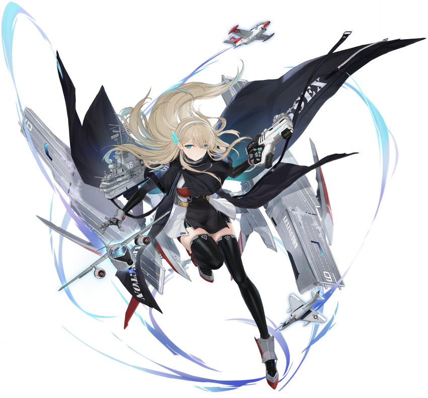 1girl, a-3_skywarrior, adapted_turret, aircraft, airplane, belt, black_thighhighs, blonde_hair, blue_feathers, collar, dress, eyes_visible_through_hair, feather_hair_ornament, feathers, gun, hair_ornament, hairband, handgun, highres, holding, lexington_(cv-16)_(retrofit)_(normal)_(warship_girls_r), lexington_(cv-16)_(warship_girls_r), long_hair, metal_collar, non-web_source, ship_turret, simple_background, skindentation, solo, t-2c_buckeye, ta-4j_skyhawk, thighhighs, two-tone_dress, very_long_hair, warship_girls_r, weapon, white_background, white_hairband