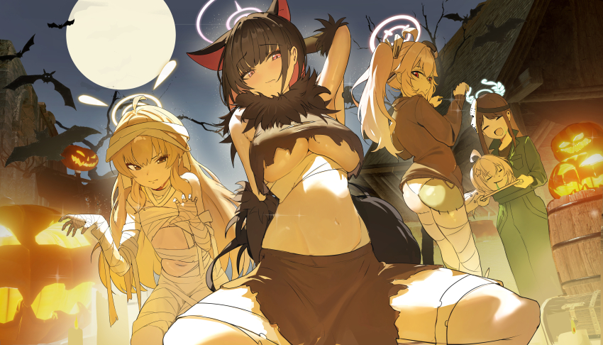 5girls, ^_^, absurdres, airi_(blue_archive), airi_(halloween)_(blue_archive), animal_ears, arm_behind_head, arm_up, ass, bandages, black_hair, blue_archive, blush, breasts, cat_ears, cat_girl, closed_eyes, commentary_request, crop_top, frankenstein's_monster, frankenstein's_monster_costume, from_behind, full_moon, fur_scarf, highres, kazusa_(blue_archive), kazusa_(halloween)_(blue_archive), large_breasts, long_hair, looking_at_viewer, looking_back, moon, multiple_girls, mummy_costume, naked_bandage, natsu_(blue_archive), natsu_(halloween)_(blue_archive), navel, open_mouth, outdoors, outstretched_arms, panties, pink_eyes, pink_hair, pumpkin, reisa_(blue_archive), side_ponytail, smile, stitched_leg, stitches, stomach, underboob, underwear, werewolf_costume, white_panties, yoshimi_(blue_archive), yoshimi_(halloween)_(blue_archive), yuyiosang, zombie_pose