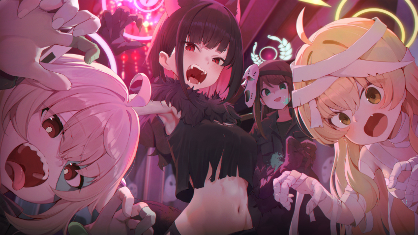 4girls, absurdres, after-school_sweets_club_(blue_archive), airi_(blue_archive), airi_(halloween)_(blue_archive), animal_ears, bandage_on_hair, bandaged_arm