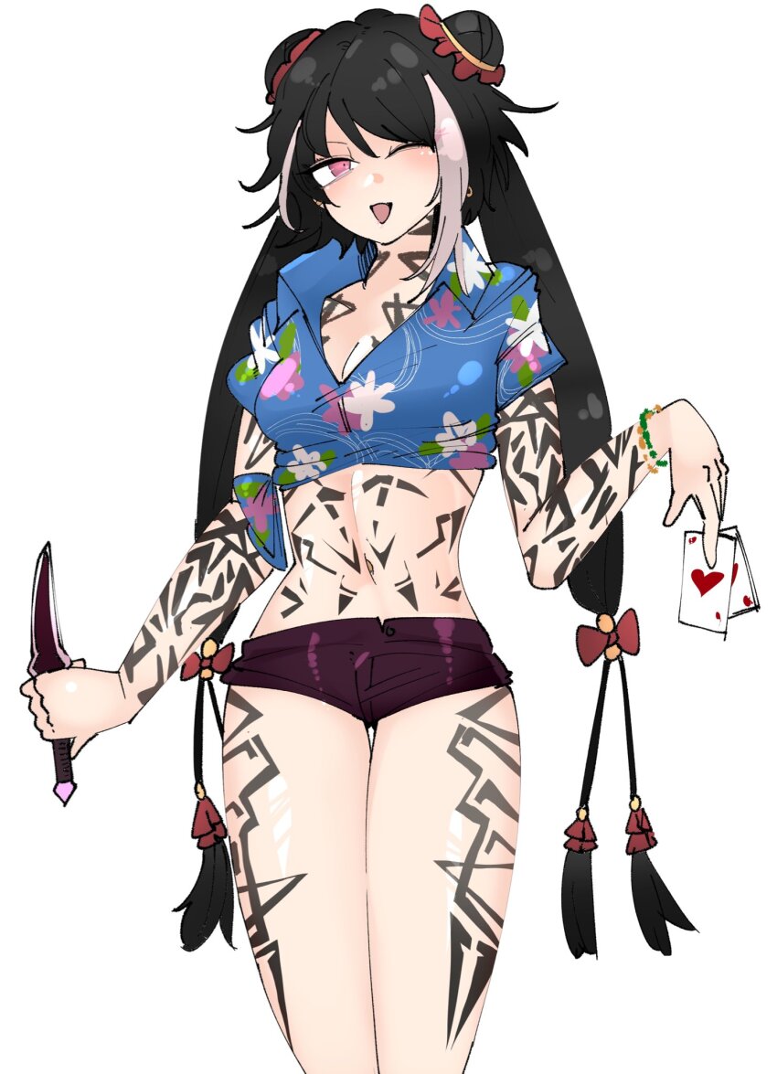 1girl, arm_tattoo, black_hair, blue_shirt, bracelet, breasts, card, chinese_clothes, cleavage, collared_shirt, commentary, crop_top, dagger, double_bun, floral_print, hair_bun, hawaiian_shirt, highres, holding, holding_card, holding_dagger, holding_knife, holding_weapon, jewelry, jia_xichun_(project_moon), kanakanamry, knife, leg_tattoo, limbus_company, long_hair, looking_at_viewer, midriff, midriff_tattoo, multicolored_hair, navel, neck_tattoo, one_eye_closed, open_mouth, pants, pink_eyes, playing_card, project_moon, shirt, short_sleeves, shorts, simple_background, smile, solo, streaked_hair, tattoo, tingtang_gang_(identity)_(project_moon), twintails, weapon, white_background, white_streaks