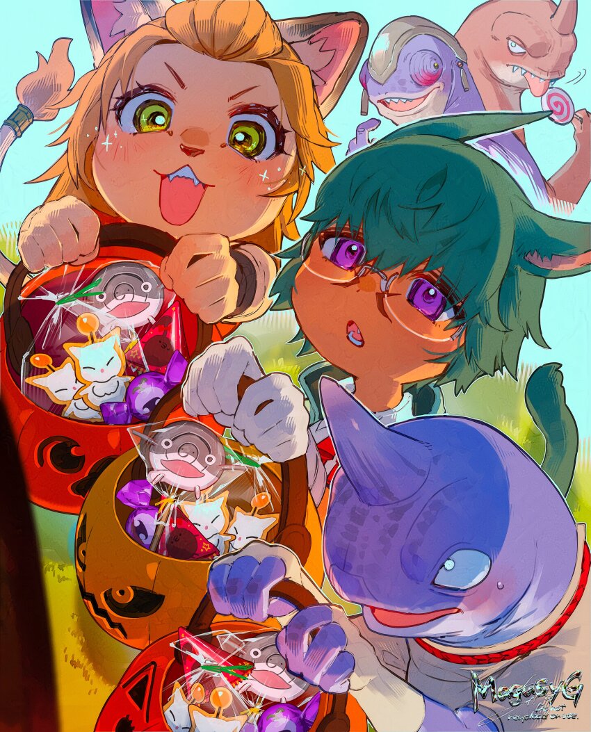 1girl, 4boys, absurdres, aged_down, animal_ears, bakool_ja_ja, candy, cat_ears