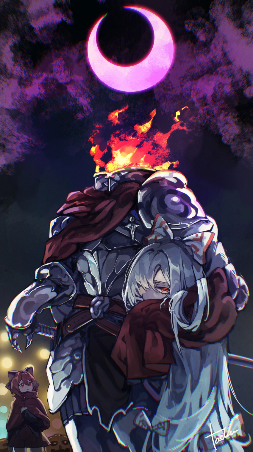 2girls, absurdres, armor, bow, cape, cloak, disembodied_head, eclipse