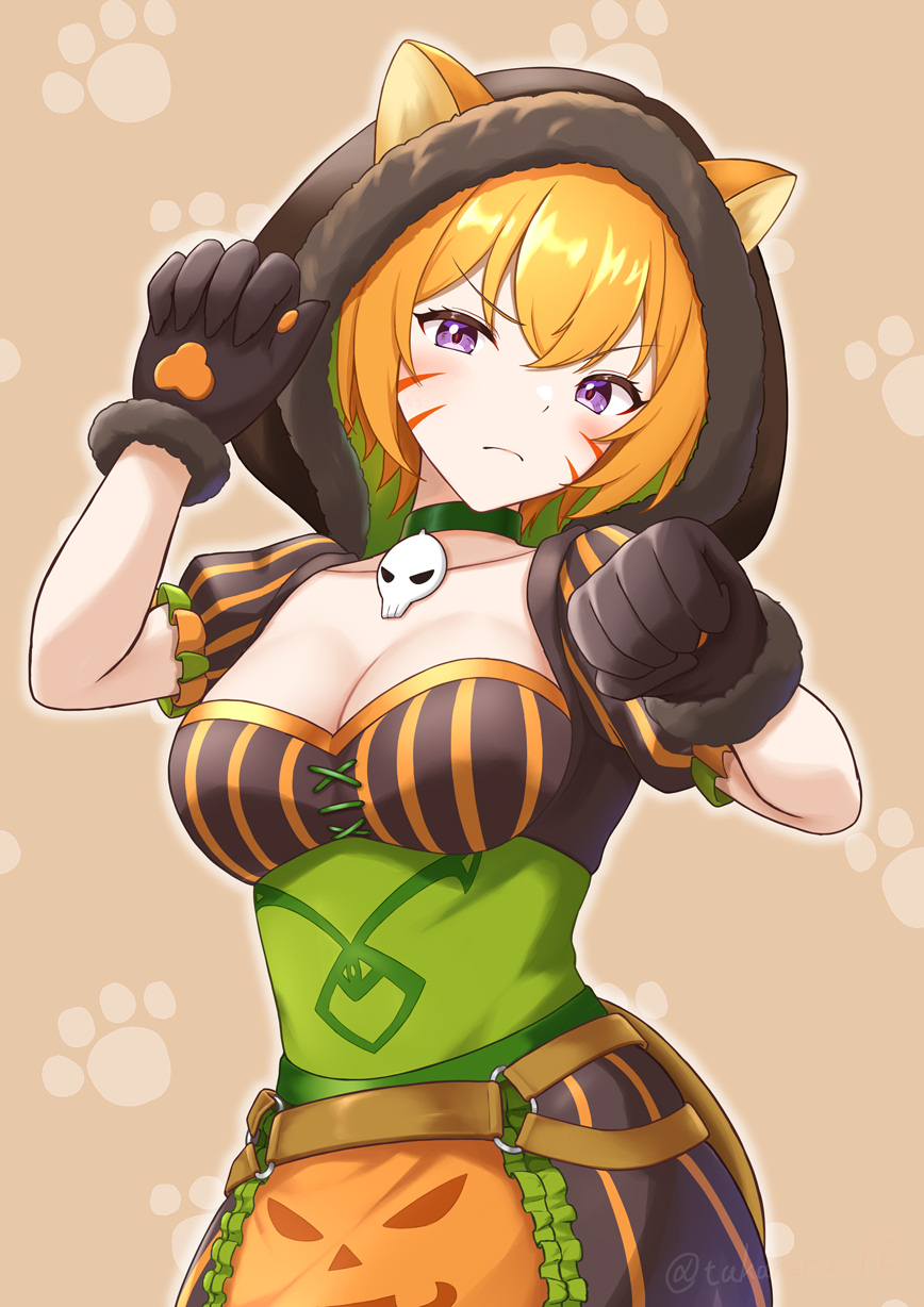 1girl, animal_ears, animal_hands, apron, belt, black_hood, breasts, brown_belt, cat_ears, cat_girl, cat_paws, choker, cleavage, dress, facial_mark, fire_emblem, fire_emblem:_path_of_radiance, fire_emblem:_radiant_dawn, fire_emblem_heroes, frown, green_choker, halloween_costume, highres, jack-o'-lantern_print, laguz_(fire_emblem), lethe_(fire_emblem), lethe_(halloween)_(fire_emblem), looking_at_viewer, medium_breasts, nintendo, official_alternate_costume, orange_apron, orange_hair, paw_pose, purple_eyes, simple_background, skull_choker, solo, striped_clothes, striped_dress, takaneko, whisker_markings
