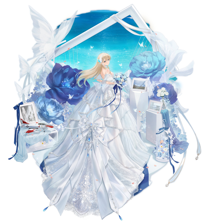 1girl, absurdres, blonde_hair, blue_flower, bouquet, bow, dress, flower