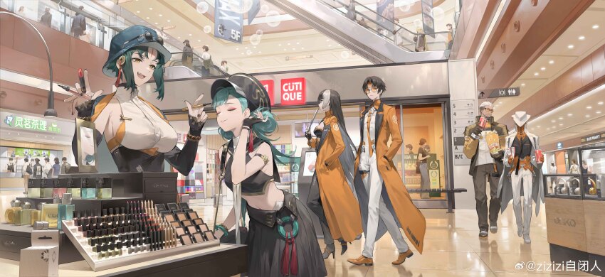 1other, 2boys, 3girls, absurdres, adjusting_hair, applying_makeup, bag, between_fingers