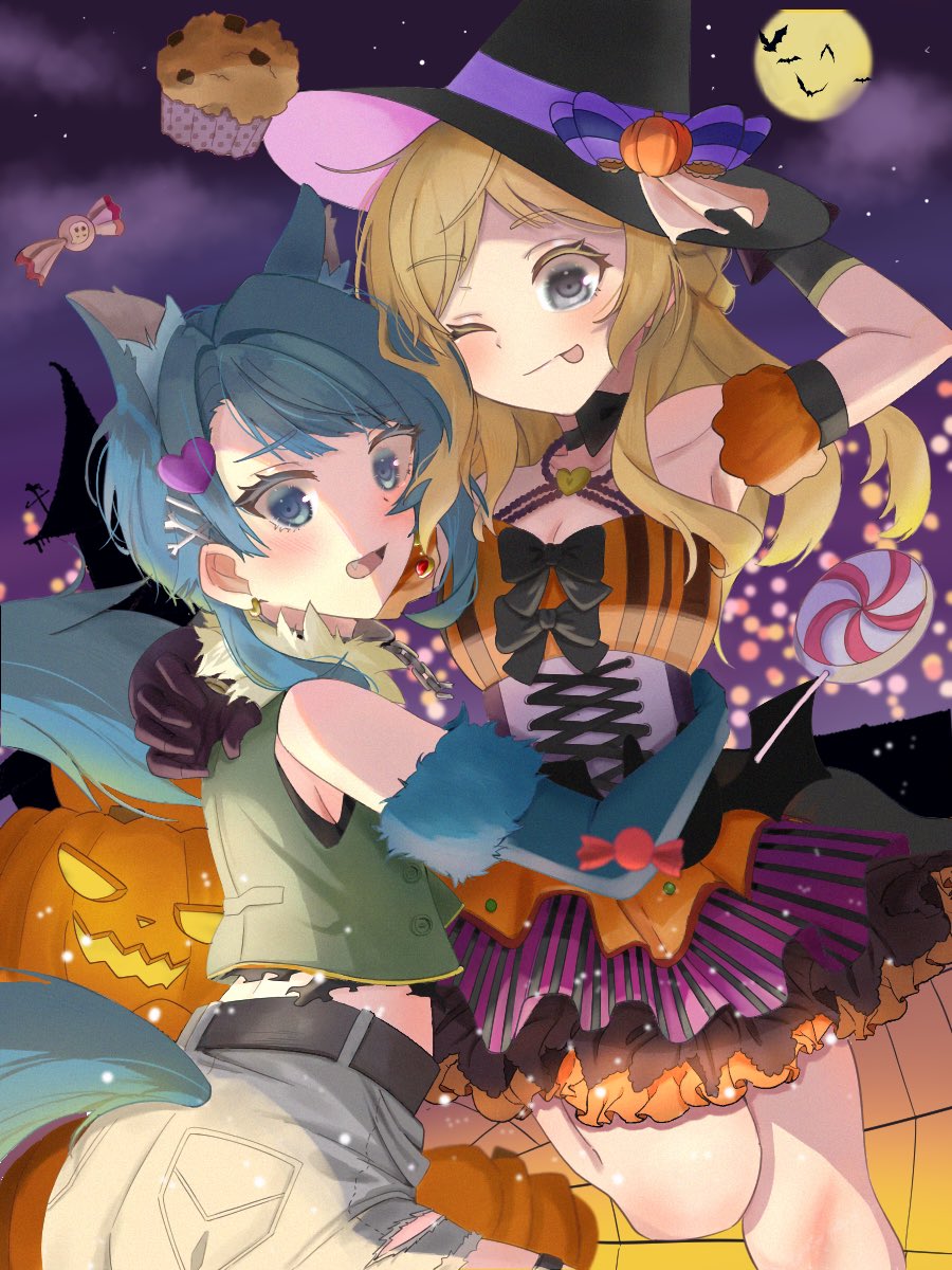 2girls, ;p, aizawa_kazuha, alternate_hairstyle, animal_ear_fluff, animal_ears, arm_around_another's_waist, arm_around_shoulder