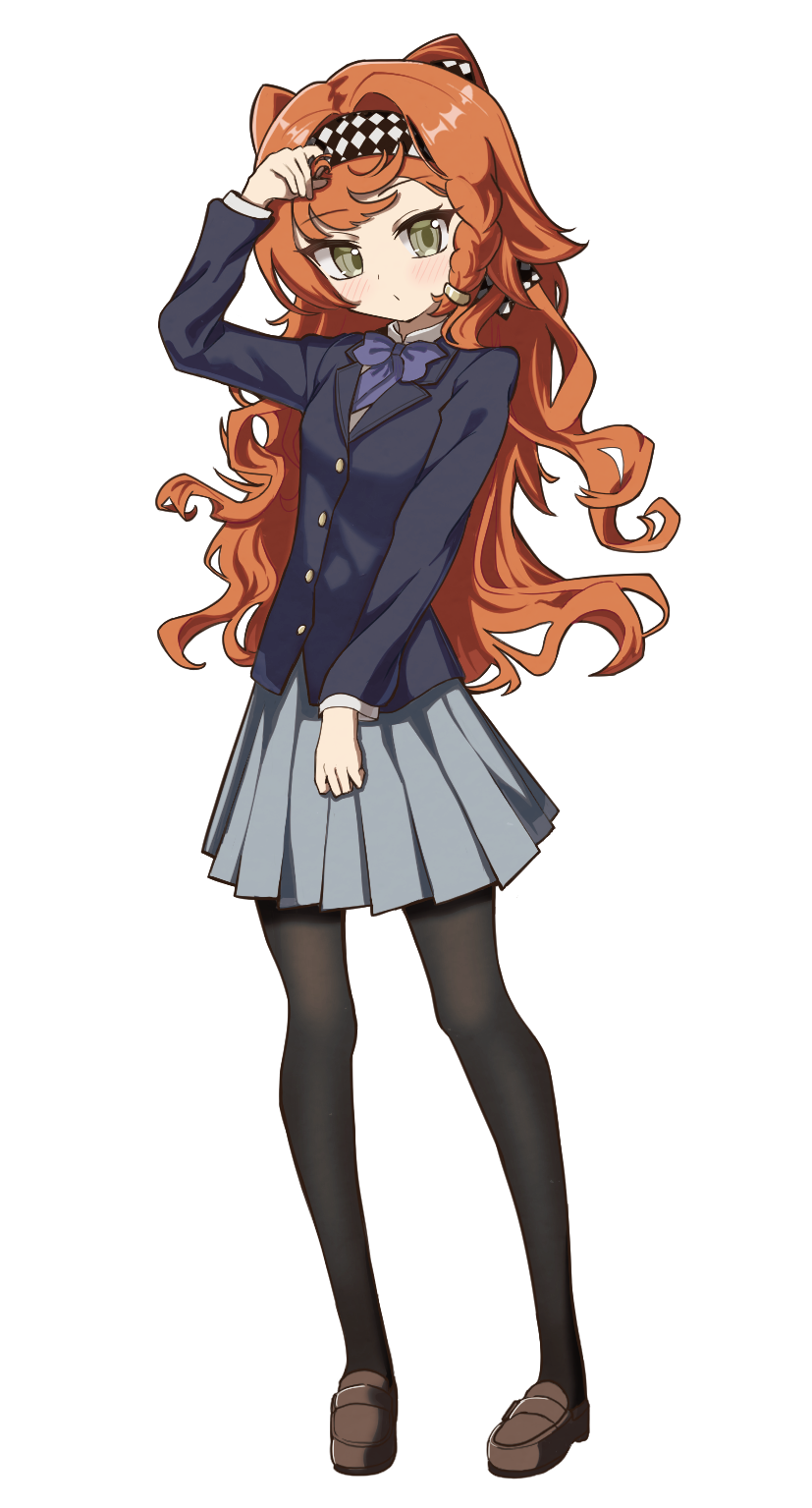 1girl, adjusting_hair, alternate_costume, black_pantyhose, blazer, blue_jacket, brown_shoes, checkered_hairband