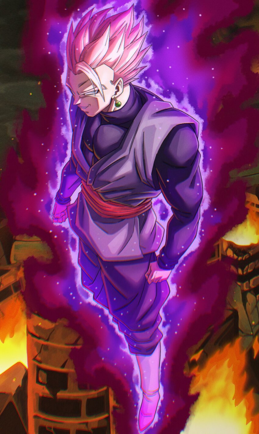 1boy, battle_damage, black_pants, black_shirt, buraku_black, clenched_hands, dragon_ball, dragon_ball:_sparking!, dragon_ball_super, earrings, evil_grin, evil_smile, fire, gohan_black, grin, highres, jewelry, long_sleeves, muscular, muscular_male, pants, pink_eyebrows, pink_eyes, pink_hair, potara_earring, shirt, single_earring, smile, solo, spiked_hair, super_saiyan, super_saiyan_rose, teeth, white_footwear