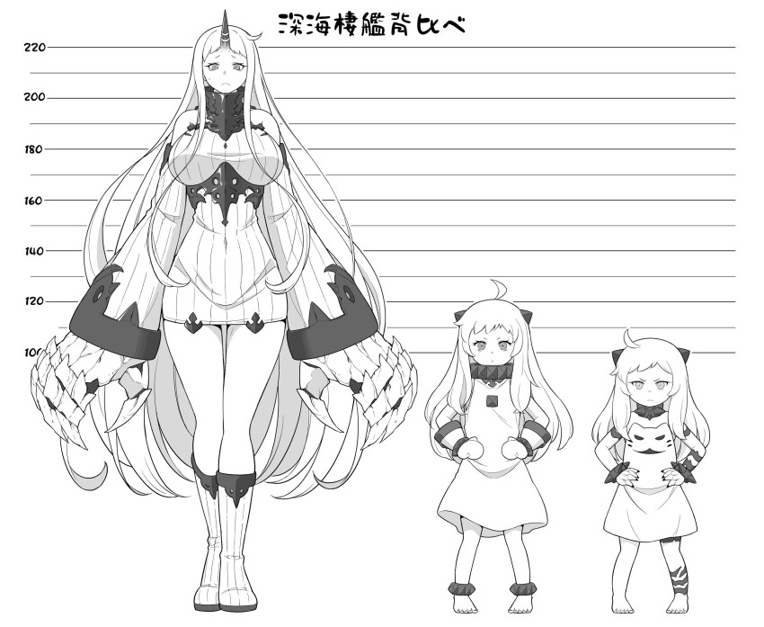 3girls, abyssal_ship, bare_shoulders, barefoot, boots, breasts, commentary_request, detached_sleeves