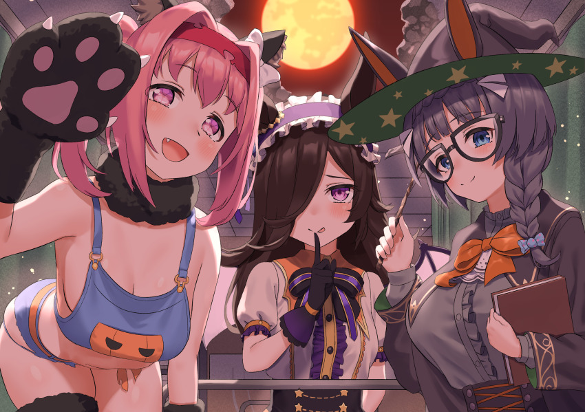3girls, :p, alternate_costume, alternate_hairstyle, book, breasts, cleavage, closed_mouth, collarbone, commentary_request, factory314, fang, full_body, halloween, haru_urara_(umamusume), hat, highres, large_breasts, multiple_girls, pink_hair, rice_shower_(vampire_makeover!)_(umamusume), rice_shower_(umamusume), small_breasts, smile, tongue, tongue_out, umamusume, witch_hat, zenno_rob_roy_(magical_heroine)_(umamusume), zenno_rob_roy_(umamusume)