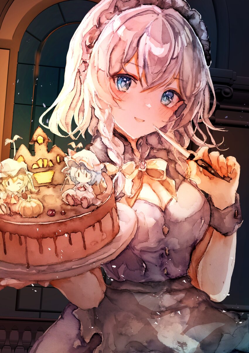 1girl, absurdres, blue_eyes, blush, bow, bowtie, braid, breasts