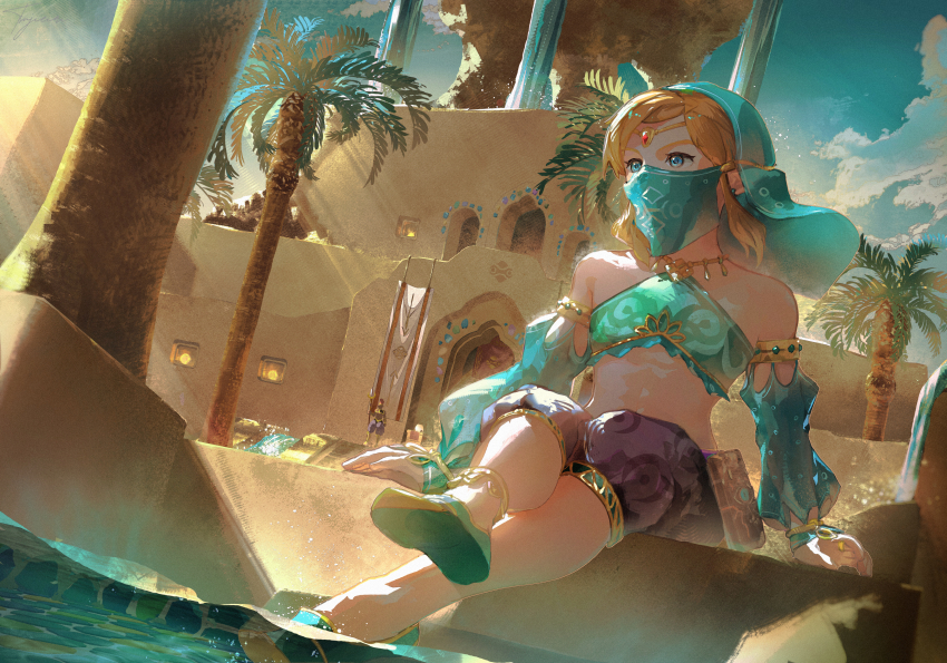 1boy, 1girl, absurdres, anklet, arabian_clothes, artist_name, banner, bare_shoulders