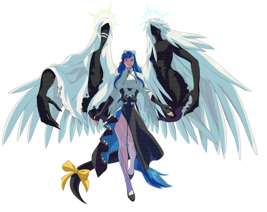 1boy, 2girls, angel_wings, ashensol, blue_hair, braid, cloak, dizzy_(guilty_gear)