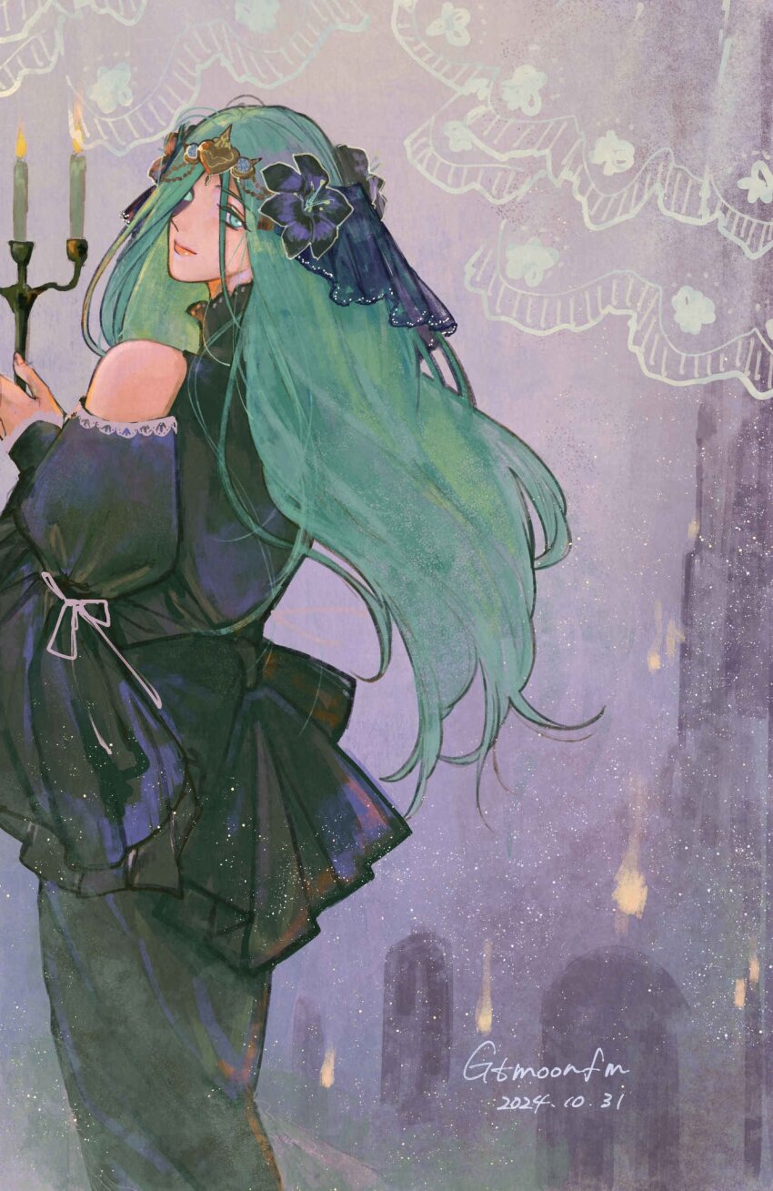 1girl, alternate_costume, artist_name, black_dress, candle, candlestand, closed_mouth, commentary