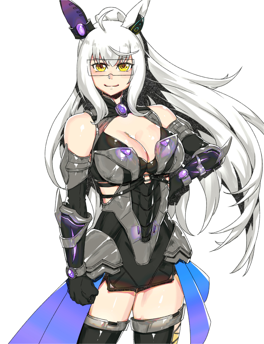 1girl, absurdres, ahoge, animal_ears, armor, bare_shoulders, biwa_hayahide_(engineered_victory)_(umamusume), biwa_hayahide_(umamusume)