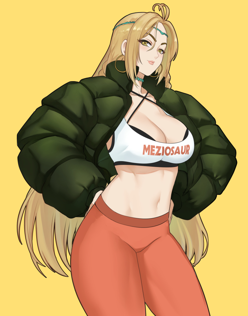 1girl, artist_name, blonde_hair, breasts, circlet, cleavage, coat, cowboy_shot