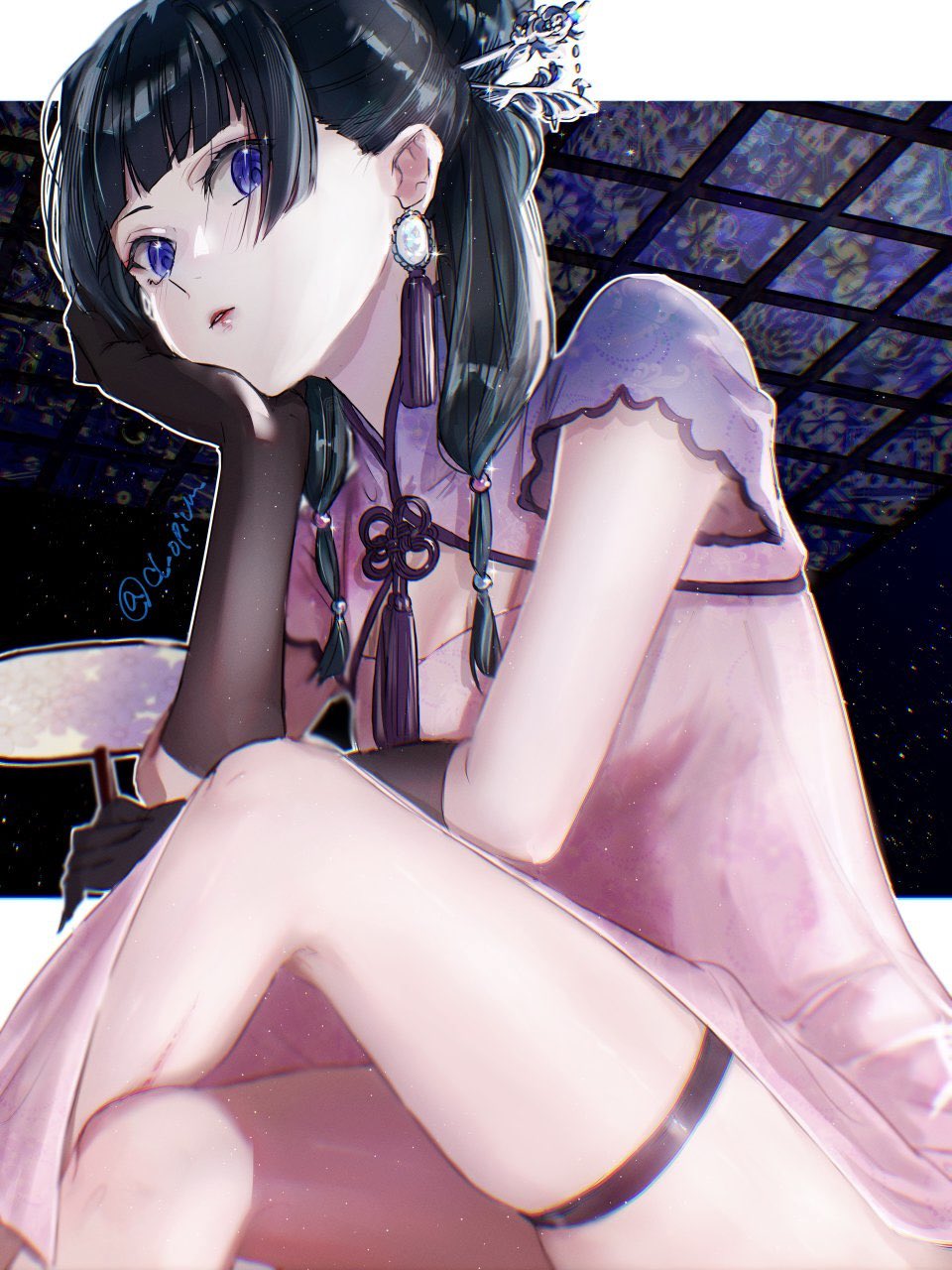 1girl, blonde_hair, blue_eyes, breasts, china_dress, chinese_clothes, cl_opium, commentary, dress, garter_straps, globe, groin, hair_ornament, highres, kusuriya_no_hitorigoto, long_hair, maomao_(kusuriya_no_hitorigoto), medium_breasts, thighs