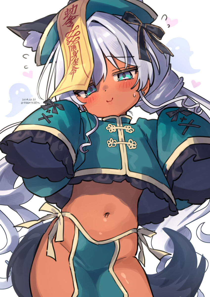 1girl, 2024, alt_text, animal_ear_fluff, animal_ears, aqua_hat, aqua_shirt, artist_name, black_bow, blue_eyes, blue_tail, blush, bow, closed_mouth, commentary_request, cowboy_shot, crop_top, cross-laced_clothes, cross-laced_sleeves, dark-skinned_female, dark_skin, dated, flat_chest, flying_sweatdrops, frilled_shirt, frills, furrowed_brow, groin, hair_bow, hair_intakes, hands_up, hat, highres, jiangshi, loincloth, long_hair, long_sleeves, looking_at_viewer, navel, ofuda, ofuda_on_head, original, pelvic_curtain, qingdai_guanmao, shirt, side-tie_loincloth, sleeve_bow, sleeves_past_fingers, sleeves_past_wrists, solo, stomach, sweat, tail, trente, twintails, very_long_hair, white_hair
