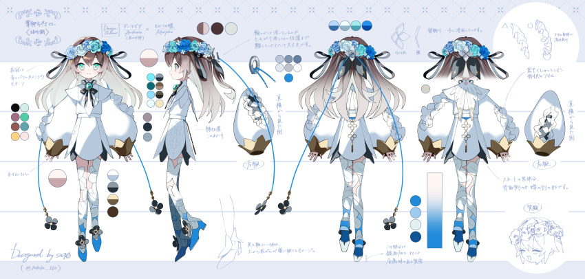 1girl, a-pose, absurdres, artist_name, brooch, brown_hair, character_name, reference_sheet