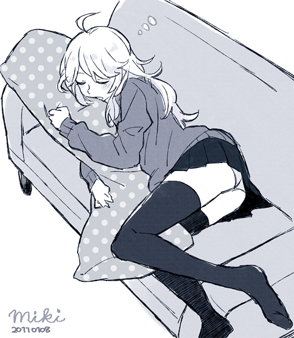 1girl, couch, dakimakura_(medium), dakimakura_(object), female_focus, greyscale, hoshii_miki, hug